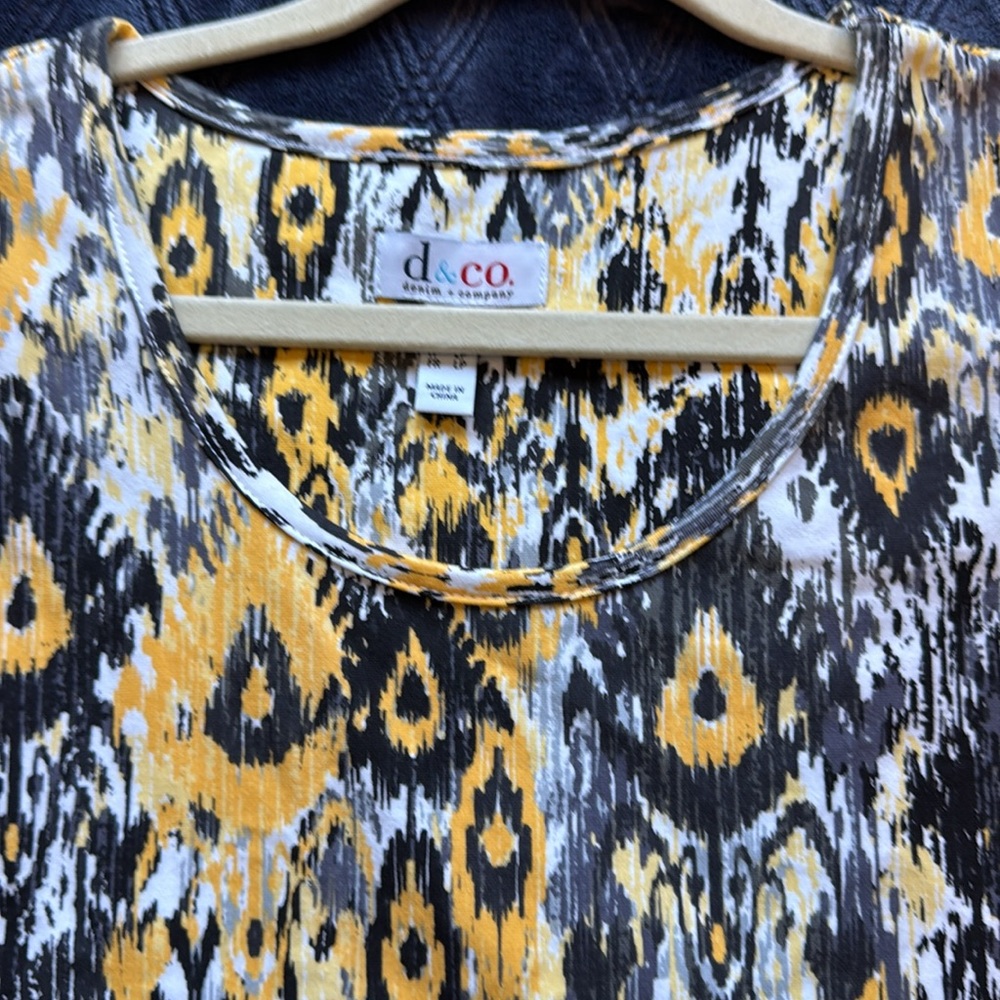 Denim & Co Yellow Black Geometric Ikat Midi Dress Side Slit Knit Petite LP - Picture 15 of 15